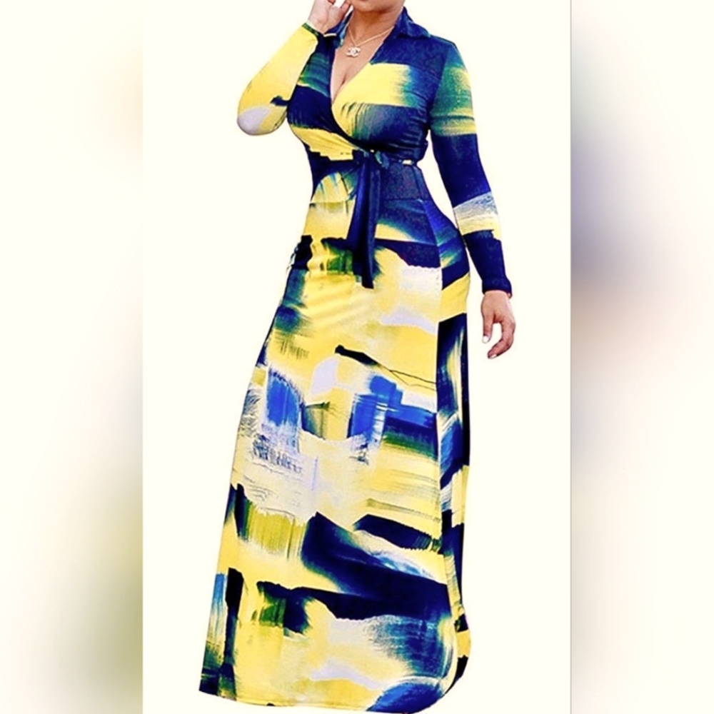 Plus Size V Neck 3/4 Sleeve Blue and Yellow Long Maxi Dress with Belt